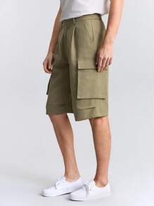 Ontre Men's Solid Color Front Button Pocket Casual Loose Shorts - Army Green - View 5