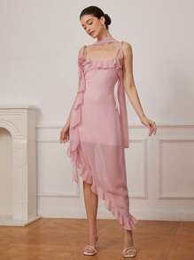 Aveloria Rosie Elegant Vacation Sexy Spaghetti Strap Ruffled Flare Design Waist Accentuating Chiffon Transparent Asymmetrical Hem Dress In Pink   Old Money Style For Summer
