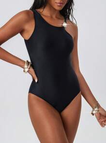 SHEIN Swim Women's Black Sexy Bodycon Elegant Athletic One-Piece Swimsuit Beachwear For Summer Beach Vacation