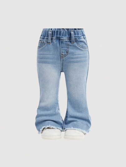 SHEIN Baby Girl 2025 New Y2K Blue Elastic Waist Pocket Casual Denim Jeans, Daily Wear, Fall And Winter ,Cool/Girls Thanksgiving, Kid Girls Spring And Summer Casual Vacation Country Boho Wear, Beach For Kid Girls, Western Street Wear For Girl, Spring Break, Rave Festival Denim Bell Bottom