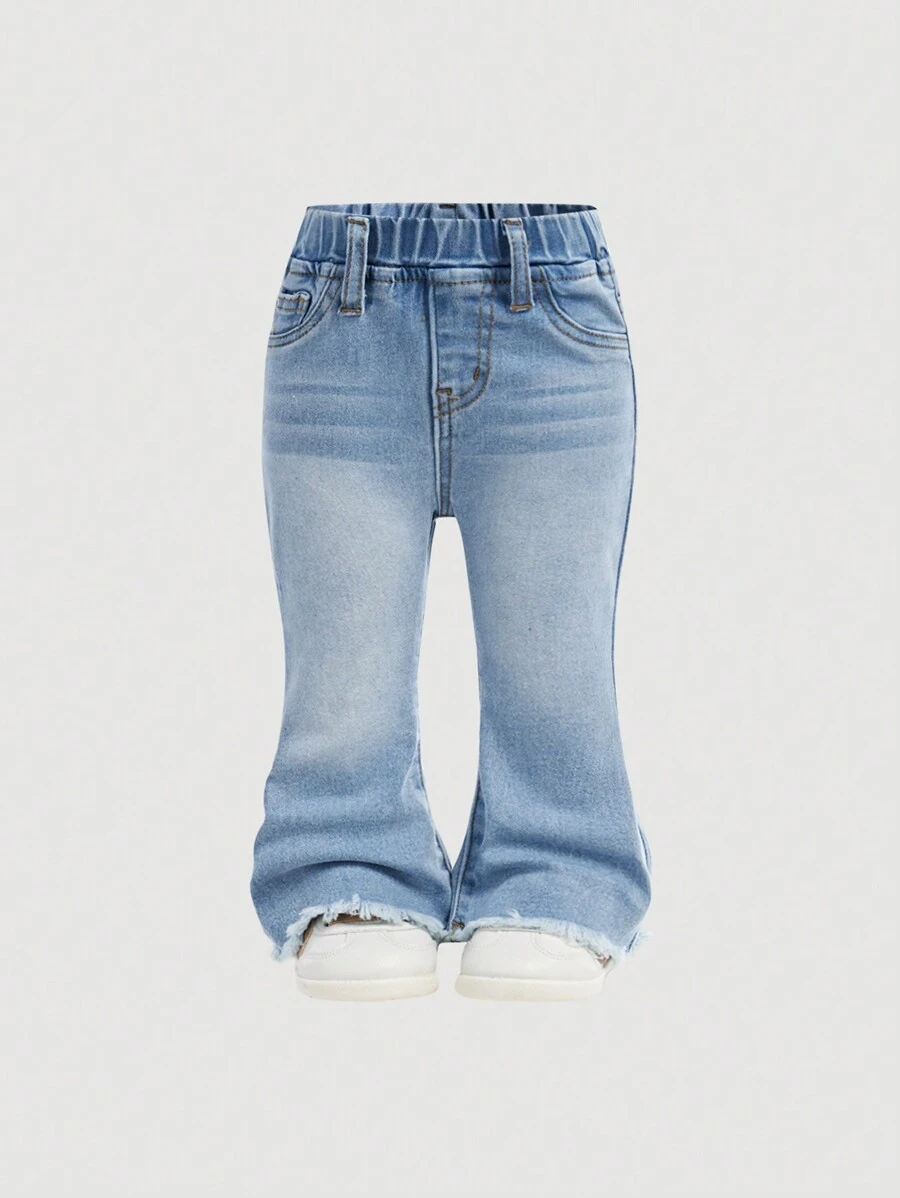 SHEIN Baby Girl 2025 New Y2K Blue Elastic Waist Pocket Casual Denim Jeans, Daily Wear, Fall And Winter ,Cool/Girls Thanksgiving, Kid Girls Spring And Summer Casual Vacation Country Boho Wear, Beach For Kid Girls, Western Street Wear For Girl, Spring Break, Rave Festival Denim Bell Bottom - Light Wash - View 1