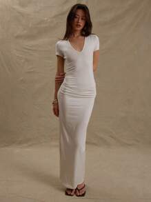 MUSERA 深 V 领短袖修身长裙，适合春假优雅夏季海滩