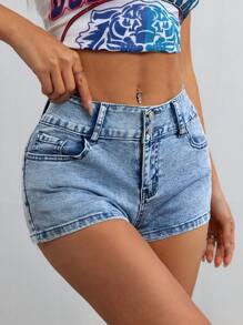 SHEIN EZwear Quần Jeans Denim Ôm Dáng Đơn Giản Có Túi Cài Nút Phía Trước Cho Nữ - Rửa trung bình - Xem 5