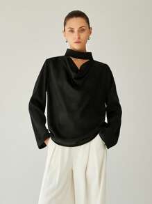 SHEIN Privé 优雅通勤垂坠领镂空设计长袖宽松纹理闪亮女士衬衫 - 黑色 - 查看 3