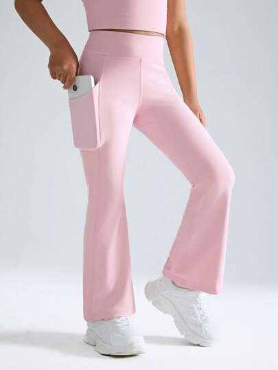 SHEIN 年轻女孩服装，日常运动休闲纯色宽松简约喇叭裤设计，带侧袋，夏季百搭