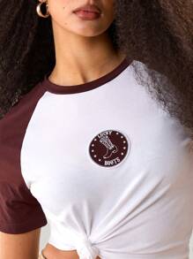 Athîral Camiseta casual de mujer de manga corta con estampado de botas de colorblock