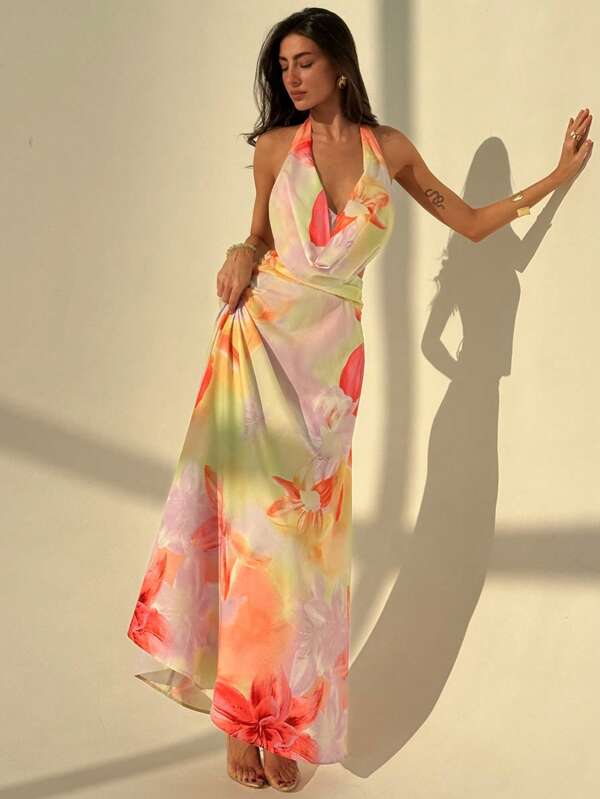 Aloruh Rochie nouă sexy fără spate, imprimeu floral roz romantic, adunare în talie, strângere a taliei, potrivită pentru întâlniri, vacanțe, primăvară devreme