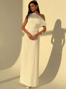 Aloruh 优雅不对称肩部褶皱腰部收紧 A 字形连衣裙，米色简约纯色通勤连衣裙