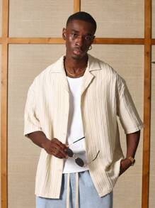 SUMWON Camicia a maniche corte con texture premium, casual con bottoni per resort, spiaggia, estate, adatta per il lavoro e il tempo libero, con collo alla coreana, perfetta per vacanze ed ufficio - Cachi - Visualizzare 1