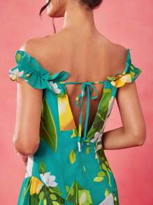 BELANGE HANDMADE Designer Boho Bohemian Multicolor Chiffon Lemon & Green Plant Print Off Shoulder Ruffle Sleeve Corset Bodice Drop Waist Elegant Maxi Sun Dress, Festival, Tropical, Summer, Beach, For Women, Vacation Casual Western Wear, Concert Outfit Resort Spring Maxi Dress Vacation Tropical Elegant Dress Women Evening Gown Prom Dresses Evening Dress Formal Dress Floral Dress Wedding Rave Outfit - Multicolor - View 5