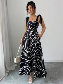 Selianne 女士黑白条纹蝴蝶结收腰中长度假连衣裙 - 黑與白 - 查看 1