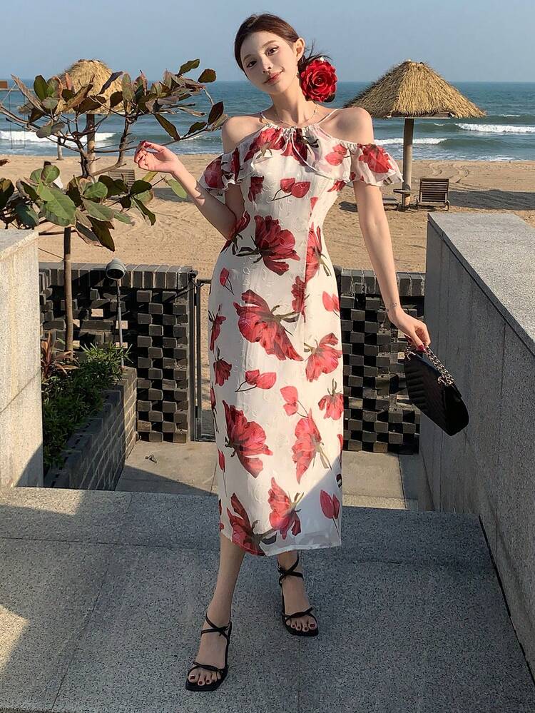Women's Elegant Floral Print Open Shoulder Ruffled Midi Dress Sundress Vacation Outfits Women
