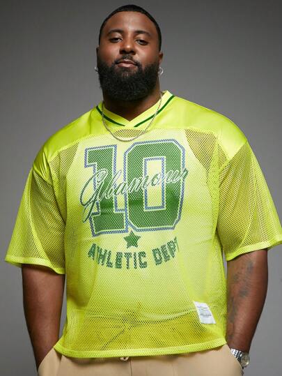 Manfinity VCAY 大码男式宽松运动街头编织网眼面料数字印花 V 领篮球 T 恤