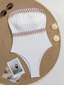 SHEIN Swim Springbreak Women Beachwear Summer Outfits, One-Piece Textured Tube One-Piece Swimsuit, Boho Festival - White - View 4