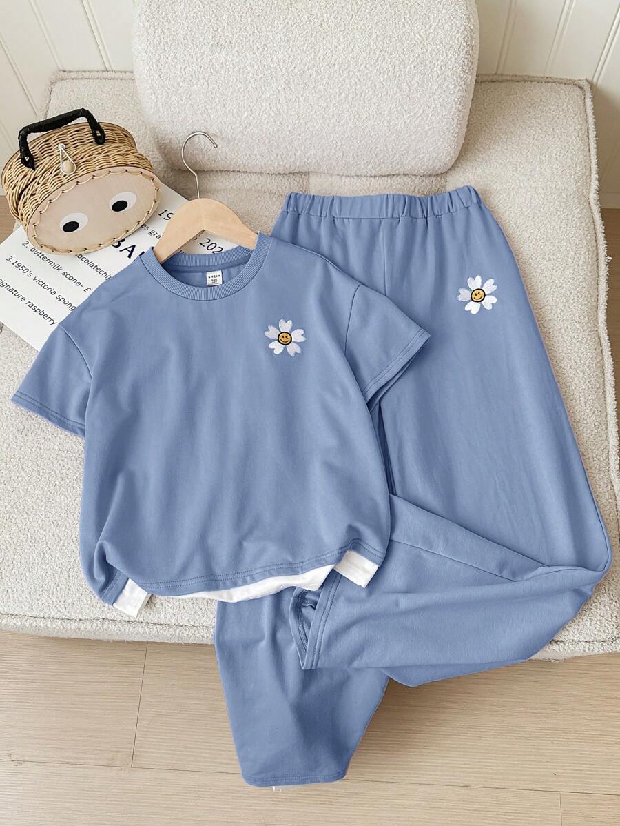 SHEIN Bộ áo len cổ tròn tay ngắn và quần ống đứng cho bé gái tuổi mới lớn - Màu xanh bụi bặm - Xem 1