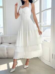 Modelyn 女士纯色系带无袖长款休闲连衣裙 - 白色 - 查看 5