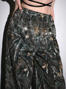 ROMWE Avant Pantalón de chándal holgado para mujer con cintura baja, con adornos de cristales y estampado de camuflaje, estilo streetwear Y2K