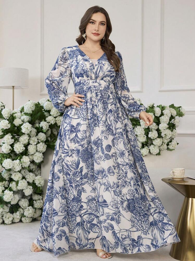 Modelyn 浪漫花卉印花 V 领长袖 A 字形连衣裙，常规款式，春夏 - 彩色 - 查看 5