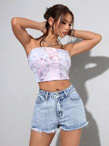 SHEIN PETITE 女士简约前扣口袋牛仔短裤，休闲日常穿着 - 淺色水洗藍 - 查看 3