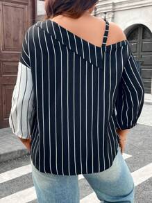 SHEIN LUNE Plus Size Women Black & White Striped Patchwork Collar Shoulder Asymmetrical Shoulder Design Music Festival 2 In 1 Shirt Spring Outfits For Women Summer Outfits For Women Summer Clothes Easter Outfit Women Western Wear Women