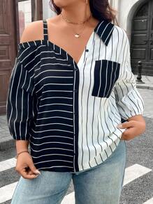 SHEIN LUNE Plus Size Women Black & White Striped Patchwork Collar Shoulder Asymmetrical Shoulder Design Music Festival 2 In 1 Shirt Spring Outfits For Women Summer Outfits For Women Summer Clothes Easter Outfit Women Western Wear Women