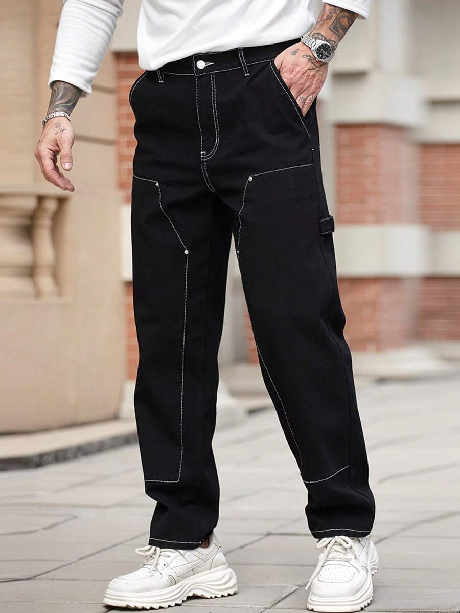 Manfinity Homme Men's Black Skinny Straight Leg Jeans, Minimalist Casual For Everyday Wear