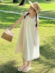 DAZY Tween Girls' Solid Color Crew Neck Pleated Sleeveless Casual Dress,Girls Summer Outfits,Back To School Clothes - Apricot - View 5