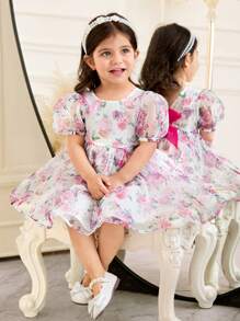 SHEIN Baby Girls' Floral Organza Puff Sleeve Ruffle Dress With Contrast Back Bow, Suitable For Party, Vacation, Wedding, Flower Girl Dress - Red - View 2