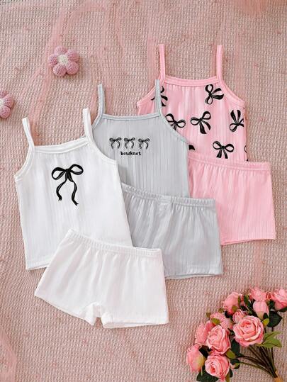 Ung flicka 3-delad fjärilsbandstryck Cami-topp och trosa underklädesset, rosa/vit/grå kombination, rekommenderas att beställa en storlek upp eftersom plaggstorleken går