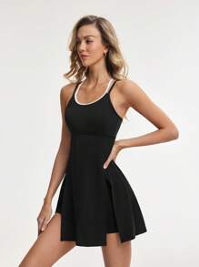 Lifespree Contrast Color Cross Strap Tennis Skirt With Shorts - Black - View 1