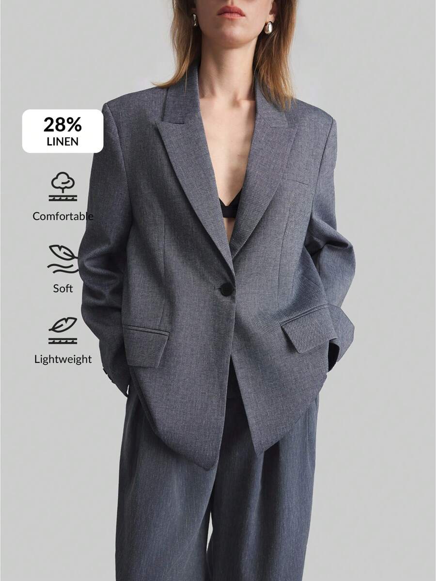 Ontre 休闲女式翻领长袖西装外套，带口袋，夏季女式办公室 - 藍色 - 查看 1