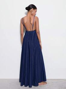 Maija Women's Dark Blue Denim Dress Vacation Slip Dress Backless Summer Dress, Going Out - Dark Wash - View 1