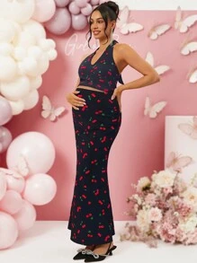 Loomaby 2 件套孕妇樱桃印花吊带上衣和荷叶边下摆短裙套装，适合情人节