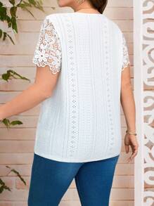 EMERY ROSE 大码女士休闲度假纯色蕾丝拼布衬衫，优雅女装，女士夏季服装/夏季，女士度假服装，夏季服装 - 白色 - 查看 2