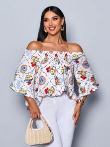 SOLERSUN Camisa informal y elegante con hombro descubierto, estampado floral tropical, para vacaciones, para mujeres, top de moda - Blanco - Ver 5