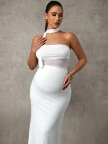 MaterniChic Maternity 2pcs Set: Solid Color Adjustable Waist Bandeau Top And Fish Tail Hem Skirt