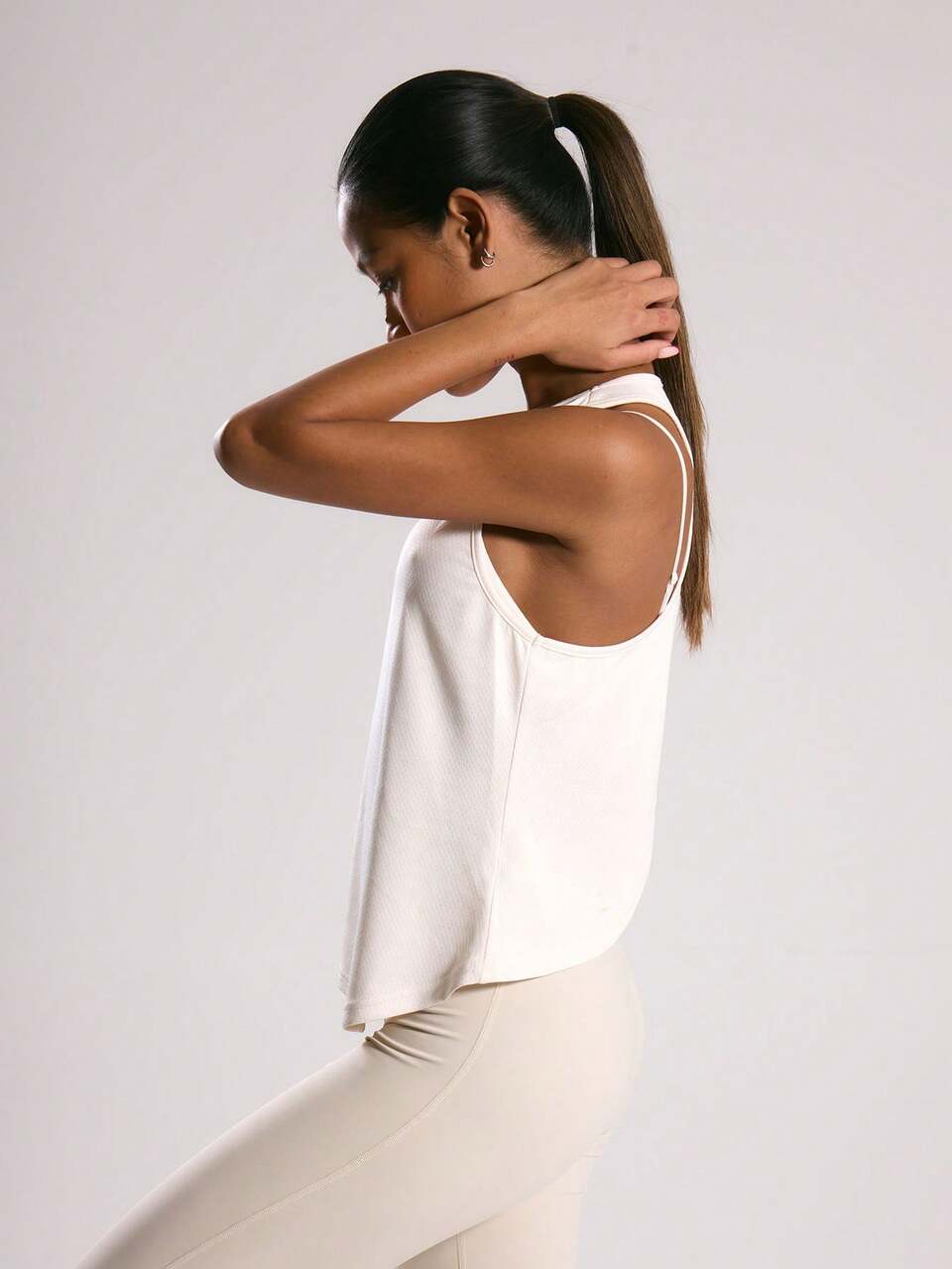 Active Cream Lightweight Loose Racer Neck Sleeveless -Wear Tank Top