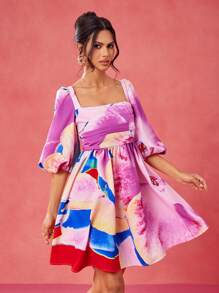 EBIB Designer Boho Bohemian Spring Summer Resort Floral Print Puff Sleeve Knit Mini Dress Elegant Dress Wedding Season Vacation Sundress, Festival, Concert Outfit, Spring Break, Ibiza Fits Resort Outfits Women Spring Dresses For Woman Resort Wear 2025 Women's Spring Dresses New Arrivals Women Dress, Rave, Prom Dress Resort Dresses For Women Spring Dresses For Women Spring Dresses Women Spring Dresses Women Summer Set Resort Wear For Women - Multicolor - View 4