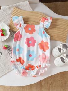 SHEIN Playful Pals BABY GIRL Textured Bodysuit, Colorful Print Decoration Ruffle Trim Sleeves, Necessary For Summer Outdoor - White - View 2