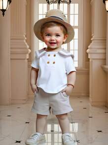 2pcs Baby Boy/Girl Cute Summer Casual Holiday Navy Collar Contrast Color Short Sleeve Shirt And Elastic Waist Shorts Set, Suitable For Birthday Party, Evening Party, Performance, Wedding, Baby Shower, One-Year-Old Celebration