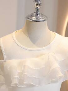 Girls Ruffle Collar Mesh Top + Jacquard Waist Skirt Set, Gorgeous Party Outfit, Elegant For Flower Girl, Bridesmaid, Wedding