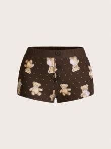 SHEIN ICON 女士 Y2K House 睡衣可爱熊印花短裤 - 棕色 - 查看 1