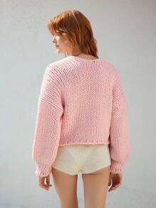 Skyraze Women's Handmade Crochet Drop Shoulder Long Sleeve Loose Cardigan, Pink - Pink - View 2