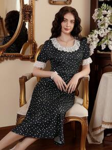 Côtesoire Lace Contrast Polka Dot Women's Round Neck Short Sleeve Elegant Nightgown Babydoll Holiday Season, Vacation