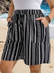 EMERY ROSE Plus Size All-Over Print Pocket High Waisted Casual Shorts,  Summer,Beach Outfits For Woman