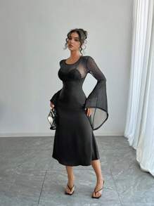 DAZY Vestido de fiesta de longitud media con mangas de campana, cuello de malla con strass, adecuado para citas, bailes de graduación, vestidos formales de mujer, vestido largo de manga larga para otoño con volantes