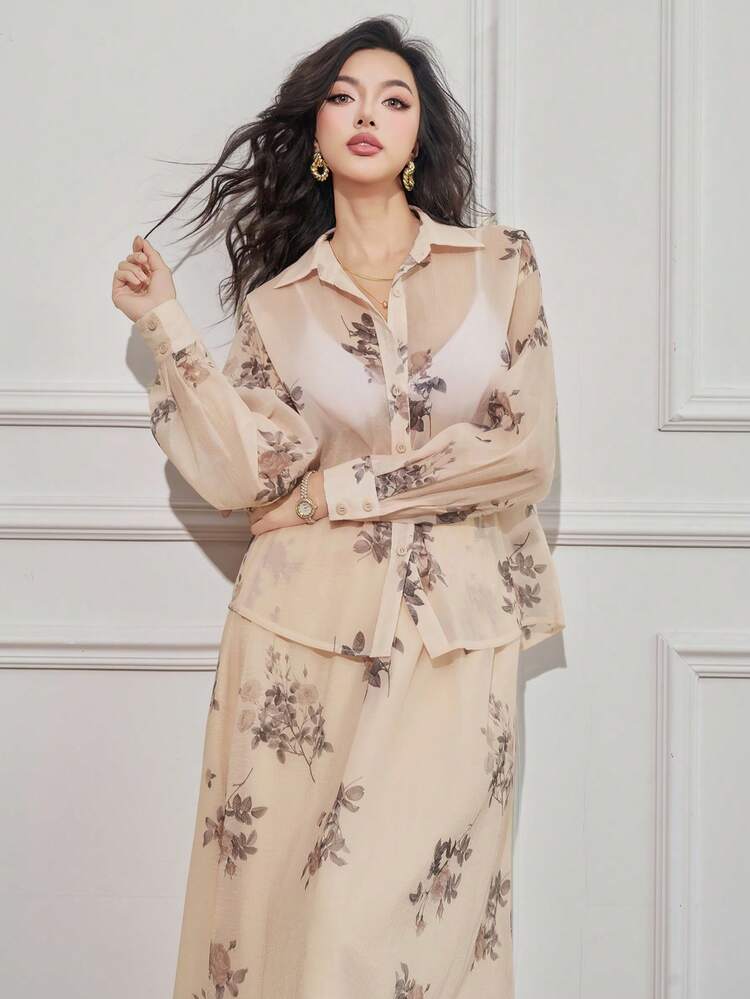 2pcs/Set Women Office Wear Floral Lantern Sleeve Blouse & Skirt,Ruffle,Fall Women Clothes Easter