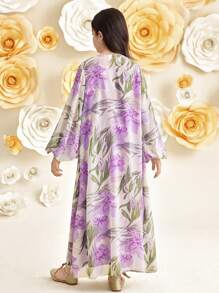 SHEIN Tween Girl Elegant Floral Printed Oversized Loose Fit Traditional Long Sleeve Jacket And Solid Purple Color Round Neck Sleeveless Dress 2pcs/Set 2 Pieces Set, For Spring Summer