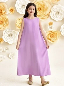 SHEIN Tween Girl Elegant Floral Printed Oversized Loose Fit Traditional Long Sleeve Jacket And Solid Purple Color Round Neck Sleeveless Dress 2pcs/Set 2 Pieces Set, For Spring Summer