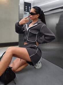 EURMUSE Casual Street Style Hooded Sweatshirt And Shorts Set, Contrast Binding Design, Spring/Summer - Dark Grey - View 5